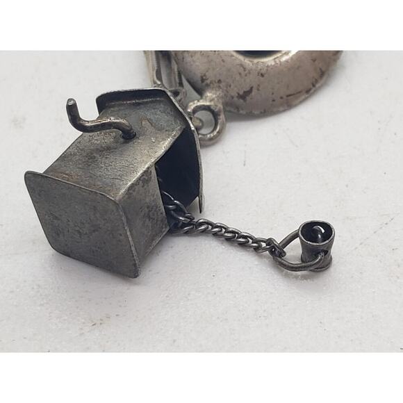 Vintage Sterling Silver Charm Bracelet Cowboy Nautical Scissors Ring Hat 7in - Picture 8 of 16